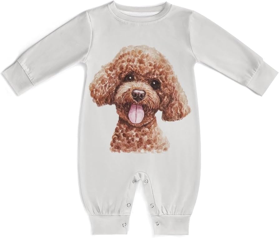 Amazon.co.jp: ロンパース ベビー服 トイプードル 茶 絵 キュート 長袖